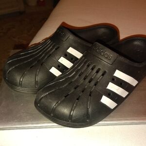 Adidas Black Clogs with White Stripes